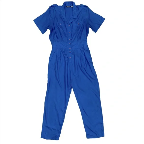 Vintage Ashleigh Morgan Sport Blue Short Sleeve Straight Leg Jumpsuit Size L - Picture 1 of 11
